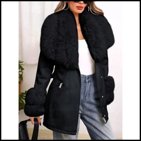 Faux Leather Jacket with Fur Collar Belted Moto Chic Winter Coat